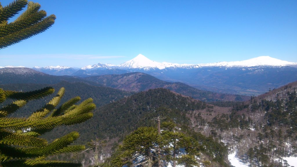 Vue sur les volcans, montagnes et araucarias.