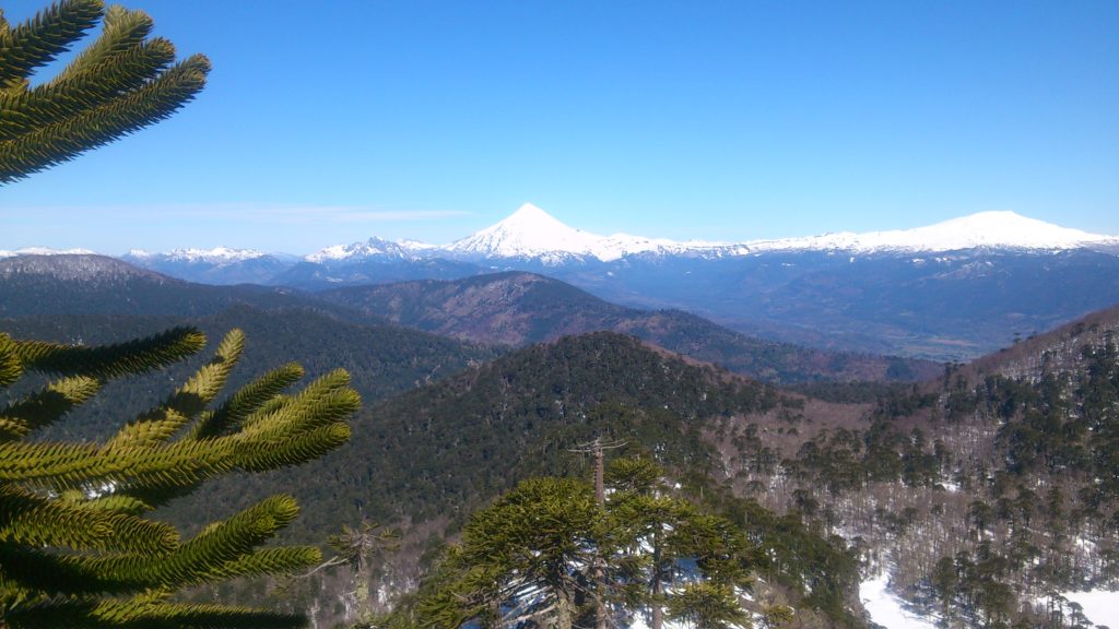 Vista sobre volcanes, montañas y araucarías