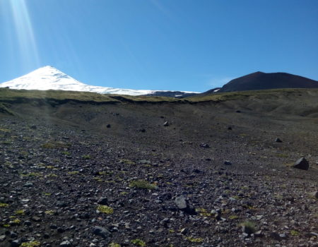 Terreno volcánico con volcán villarrica de fondo